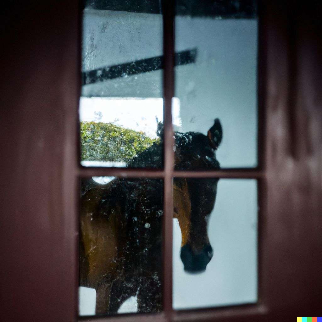 a photograph of a horse seen through a window
